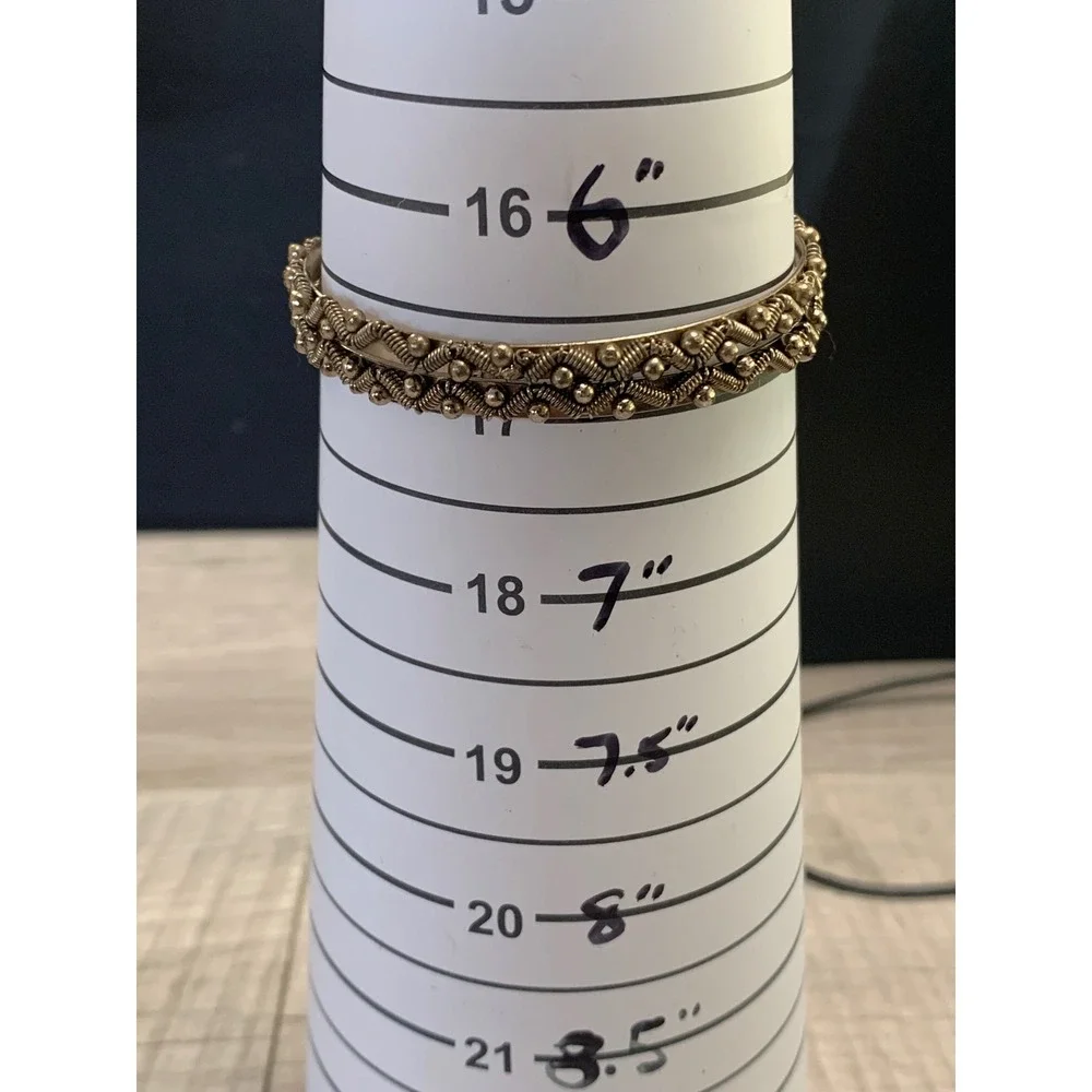 Silver Tone Ornate Twisted Wire Bead Bangle Bracelets Set of 2 Boho Ethnic 6.5